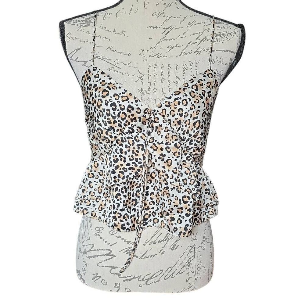 Topshop Ladies Size 6 Tan Black Animal Print Ruffle Front Satin Crop Top